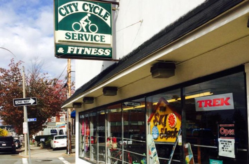 The Ski & Sport Shack sign in the window of City Cycle Service and Fitness at 286 Main Street, Stoneham, Massachusetts